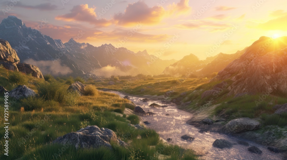 Sunrise on a mountain with rivers, rocks, and grass.