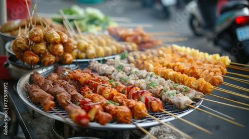 street food snacks, one of more popular food in Vietnam nowadays, especially with the young generation. They include meats, seafood and vegetables, combined in one stick and grilled on stove. photo