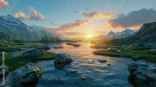 Sunrise on a mountain with rivers  rocks  and grass.