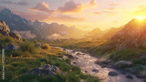 Sunrise on a mountain with rivers  rocks  and grass.
