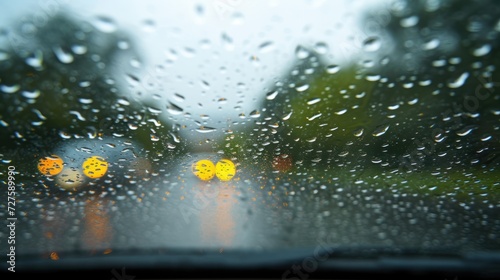 There are water drops in front of the car windshield in the rainy season.