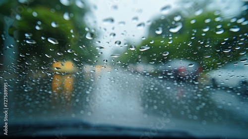 There are water drops in front of the car windshield in the rainy season.