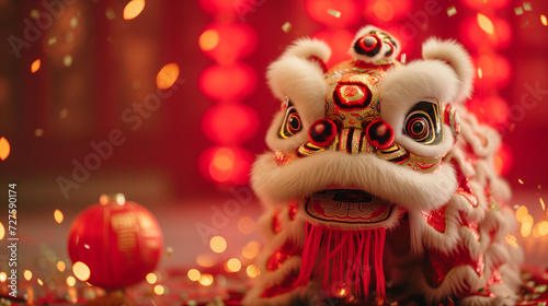Chinese New Year, Lunar new year celebration. Chinese traditional lion dancing and lantern bokeh on background with copy space for text. © Bnz
