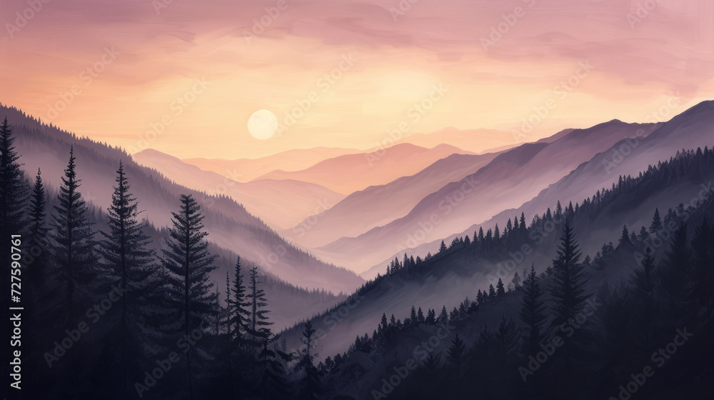 Illustration of sunset over peaceful mountains with pine tree silhouettes in modern monochrome style