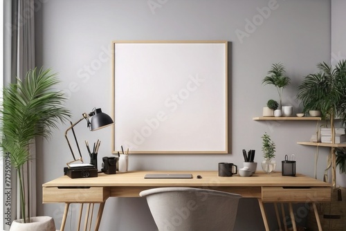 Sleek Workspace - 3D Rendering of Home Office Interior with Elegant Frame Mockup. © aitricho