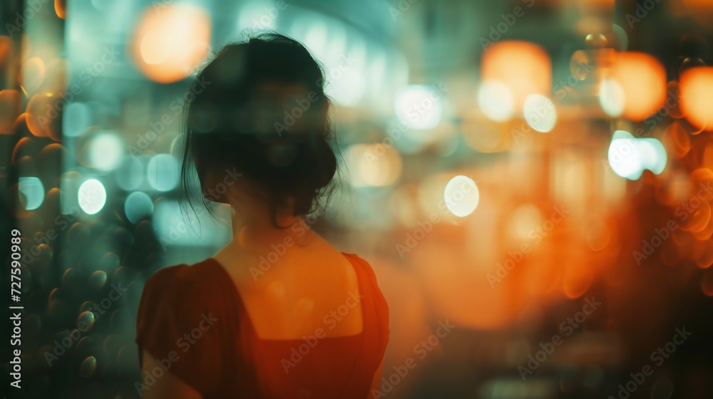 Party Solitude: Surrounded by blurred interactions, a woman experiences solitude in the midst of a social setting. Party Solitude: Surrounded by blurred interactions, a woman experiences solitude in the midst of a social setting.