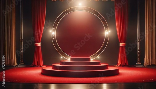 Podium platform with circle stage behind it and red color curtain shining red background for product presentation