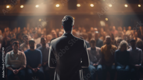 Man stand on stage and presentation to huge group of people in hall, blur background, back of man, turn back photo