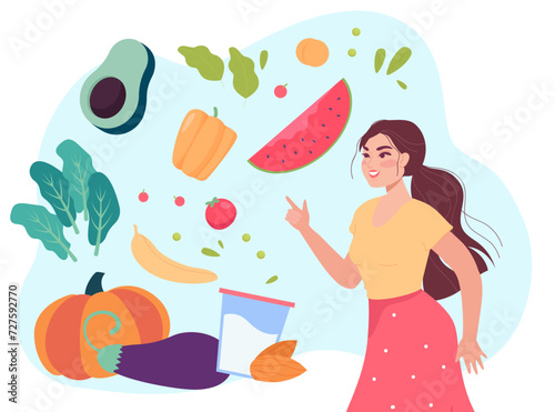 Beautiful woman choosing healthy food vector illustration. Vegetables and fruit on background. Woman keeping low-carb and plant-based diets and losing weight. Diet, weight loss, healthy food concept 