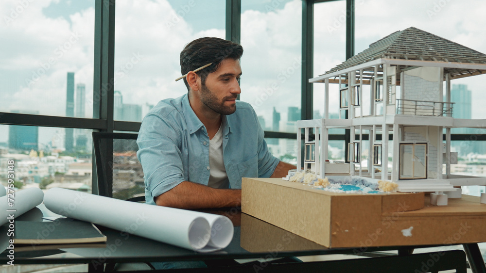 Professional architect engineer inspect, look house model. Caucasian ...
