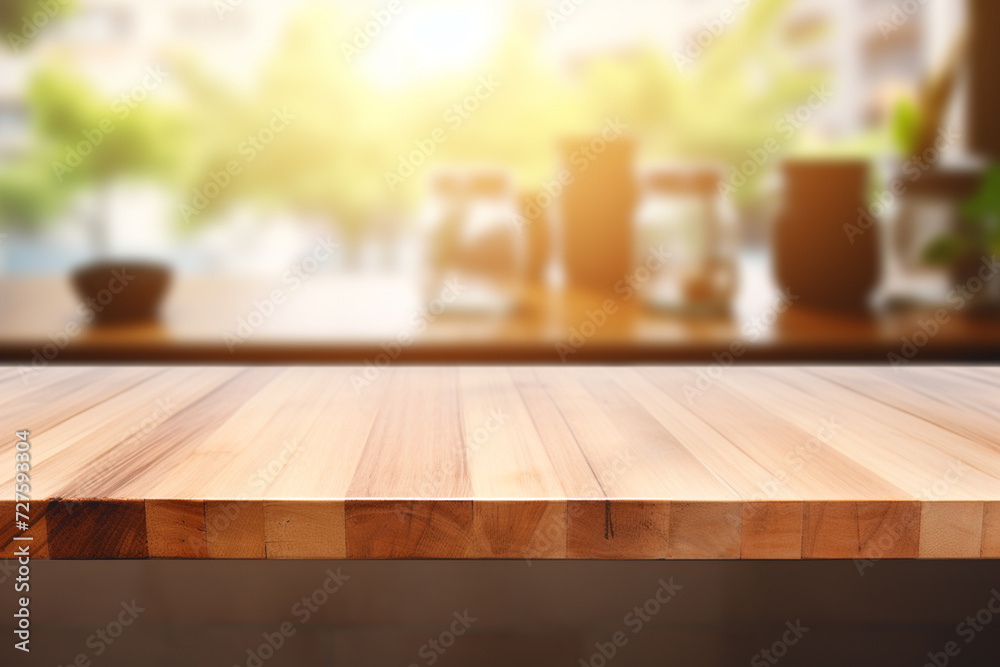 Wood table top on blur kitchen room background .For montage product display or design key visual layout 