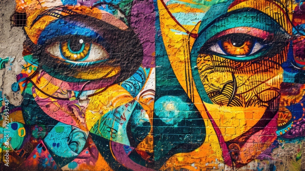 A striking graffiti mural captures the essence of urban art with a bold depiction of colorful, stylized eyes on a city wall. Resplendent.