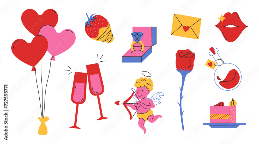 Set of Valentine's day doodle illustrations isolated on white background. Cute retro objects. Hand drawn elements about love. Good for posters, cards, prints, tags, signs, clipart, etc. Vector Set of Valentine's day doodle illustrations isolated on white background. Cute retro objects. Hand drawn elements about love. Good for posters, cards, prints, tags, signs, clipart, etc. Vector