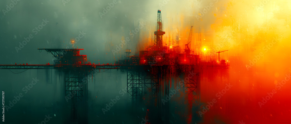 A Painting of an Oil Rig in the Middle of the Night