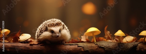 A hedgehog perched on a wooden log amidst a cluster of mushrooms in a forest. © pham