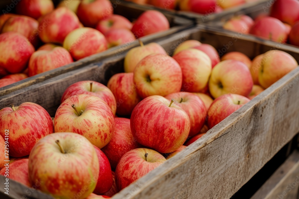 Close-up of wooden crates full of ripe apples Close-up of wooden crates full of ripe apples