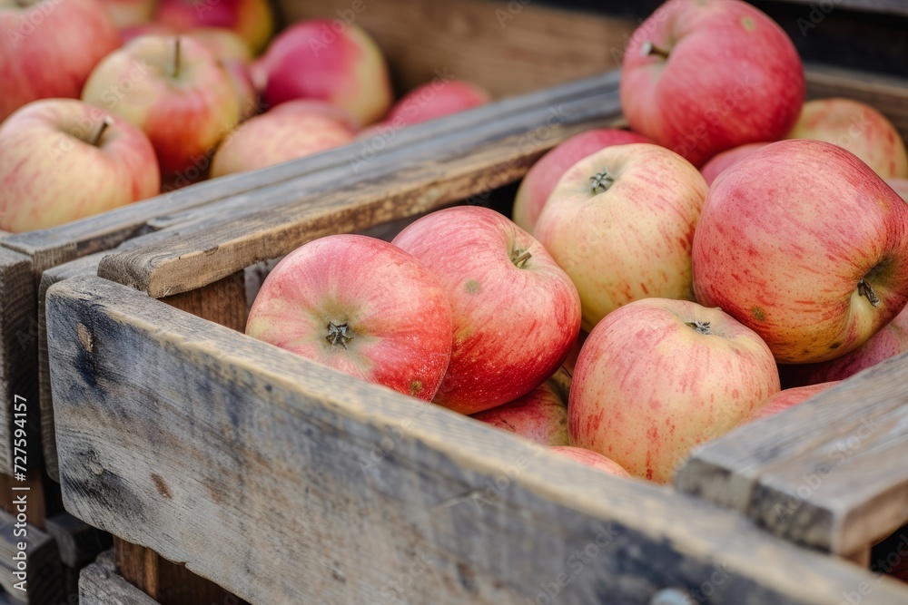 Close-up of wooden crates full of ripe apples Close-up of wooden crates full of ripe apples