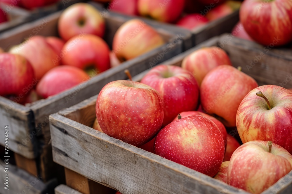 Close-up of wooden crates full of ripe apples