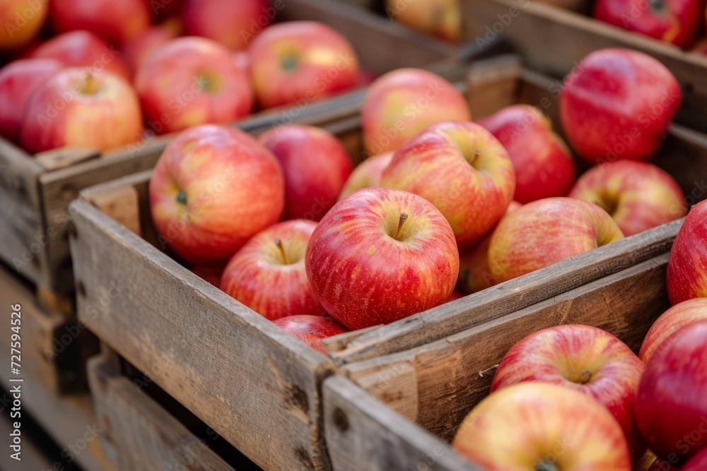 Close-up of wooden crates full of ripe apples Close-up of wooden crates full of ripe apples