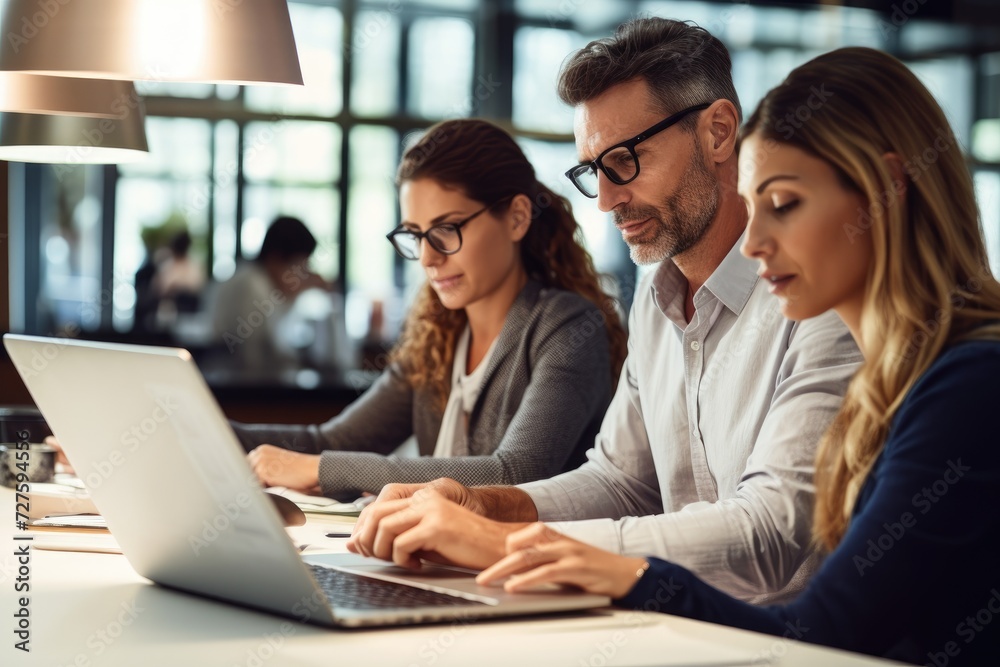 A team of individuals collaboratively sitting around a table and concentrating on their laptops as they work.