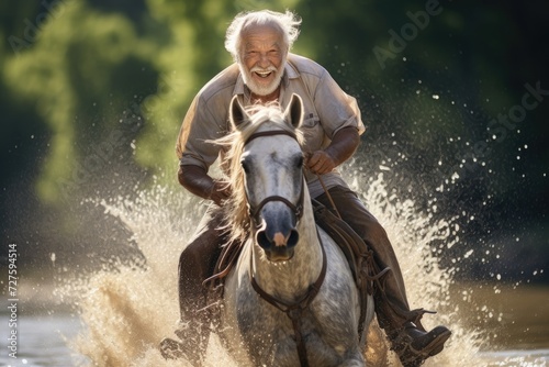 A man is seen riding a horse as they navigate their way through a river.