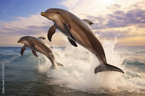 : A playful family of dolphins leaping out of the water in unison, creating splashes. © khan