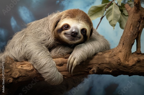 A stuffed sloth is seen sitting on a tree branch, showcasing its relaxed and hanging posture.