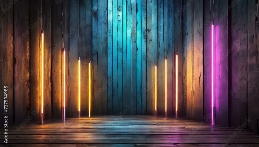 abstract background with lights, Modern futuristic neon lights on old grunge brick wall room background art, background wallpaper stone, wallpapers, photos, background, landscape, Ai Generate - obrazy, fototapety, plakaty 