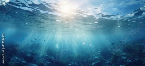 An image capturing the view from beneath the oceans surface, with sunlight streaming through the water.