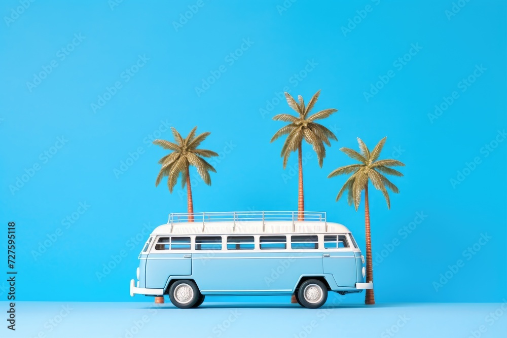 A blue and white VW bus is parked in front of two palm trees.