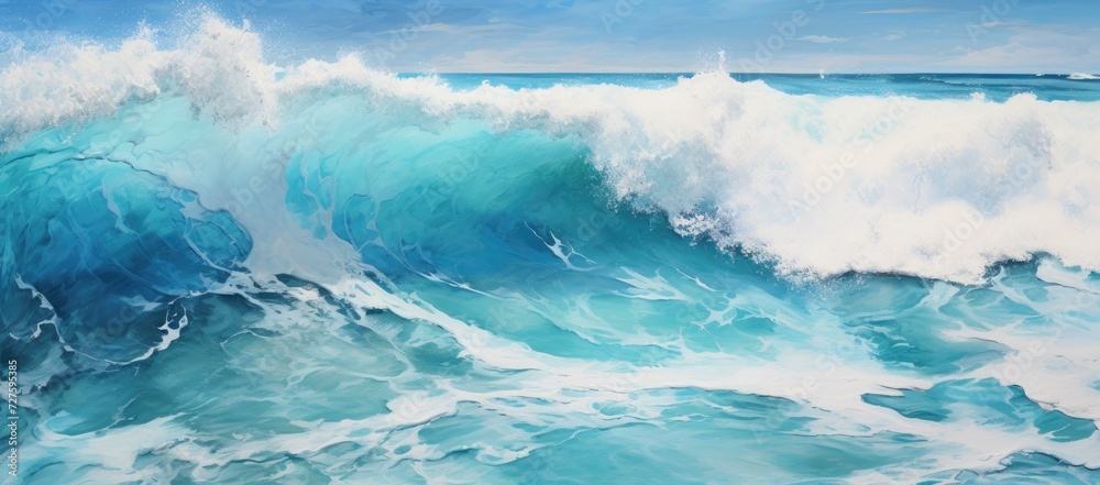 This photo depicts a vibrant painting capturing the immense power and beauty of a large wave crashing in the ocean.