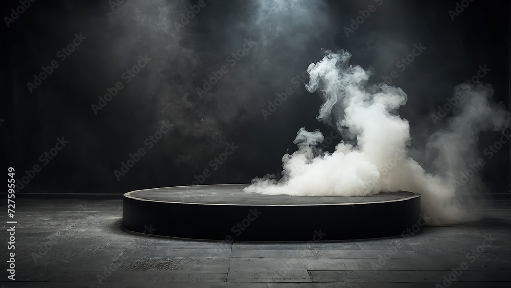 Podium black dark smoke background product platform abstract stage texture fog spotlight. Dark black floor podium dramatic empty night room table concrete wall scene place display studio smoky, smoke