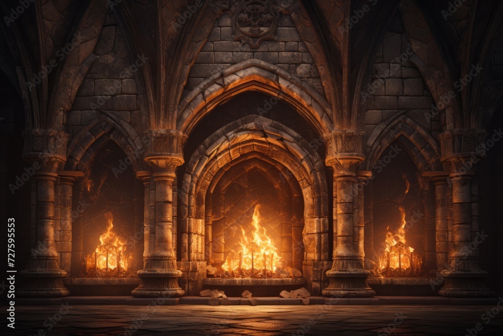 A photo showcasing a blazing fireplace in a castle, with flames reaching high into the air.