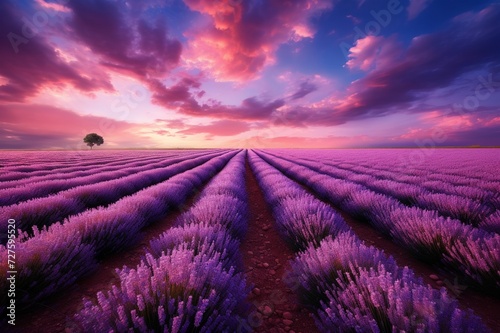 : A panoramic view of a vast lavender field in full bloom, stretching towards the horizon under a cloud-streaked sky.