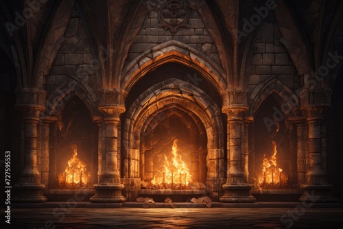 A photo showcasing a blazing fireplace in a castle  with flames reaching high into the air.