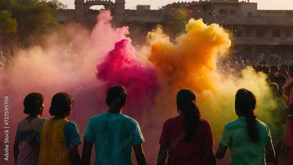Holi Gulal Colored powder explosion, Explosive splash red, yellow, green color powder dusk with silhouette of crowd playing in the background. wide background copy space, holding hands