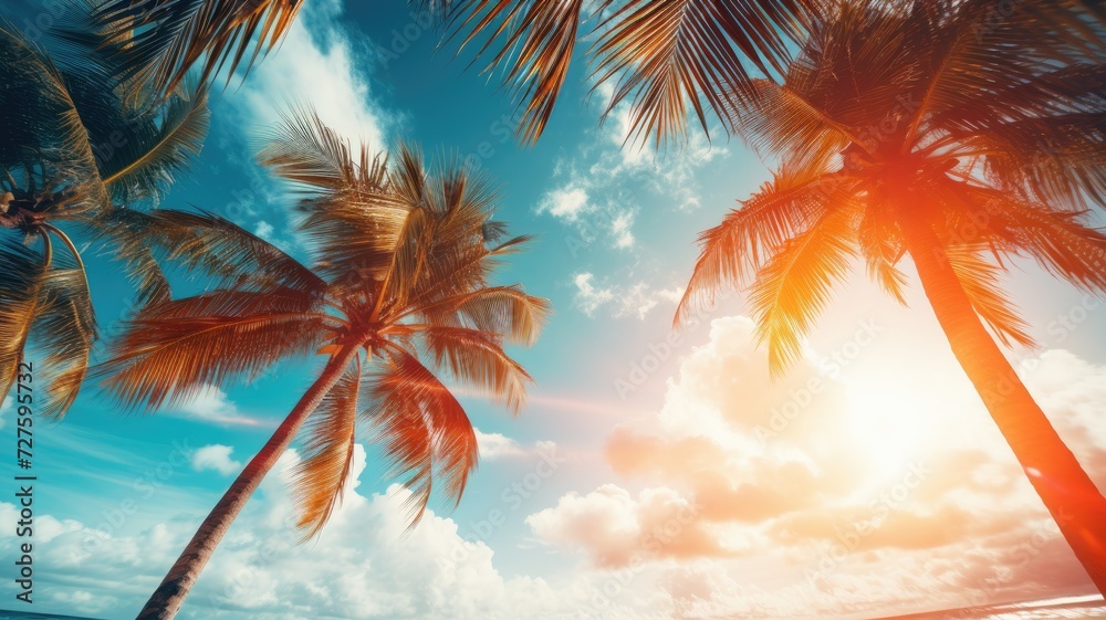 Two palm trees stand on a sandy beach with the sun shining through the clouds.