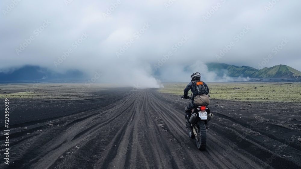 Motorcyclist rides on a volcanic ash trail in misty mountains.