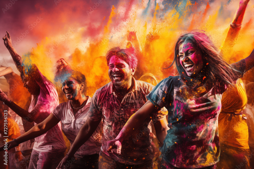 happy hindu indian people celebrate holi festival by throwing colorful powder at each other, generative AI
