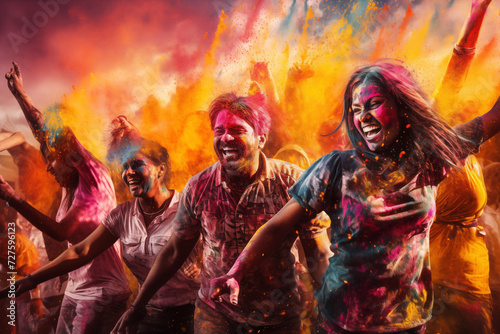 happy hindu indian people celebrate holi festival by throwing colorful powder at each other, generative AI © Paulina