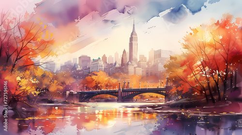 Autumn Splendor in NYC: A Watercolor Dream of Central Park and Skyline © shusheng