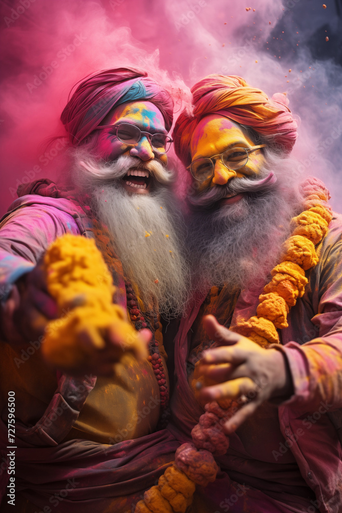 happy hindu indian people celebrate holi festival by throwing colorful powder at each other, generative AI happy hindu indian people celebrate holi festival by throwing colorful powder at each other, generative AI
