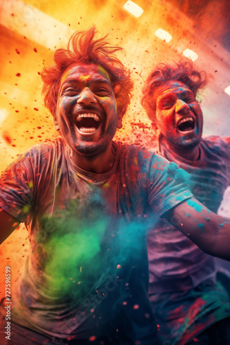 happy hindu indian people celebrate holi festival by throwing colorful powder at each other  generative AI