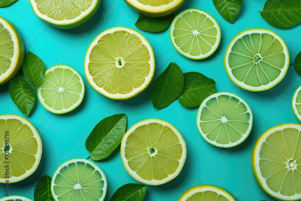 A vibrant image featuring multiple limes with leaves arranged together on a contrasting blue background.