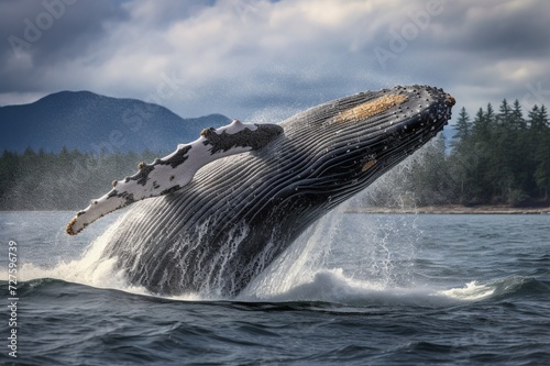 : A pair of humpback whales breaching the surface of the ocean, with water droplets suspended in the air in a majestic display.