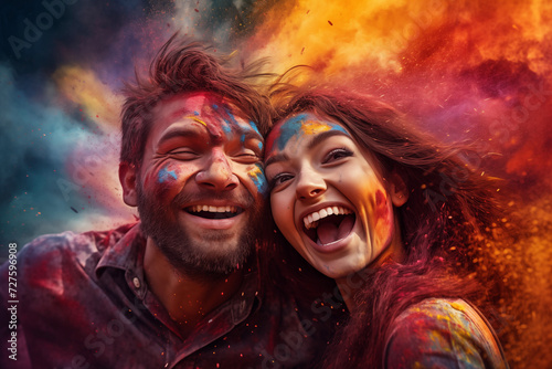 happy hindu indian people celebrate holi festival by throwing colorful powder at each other, generative AI © Paulina