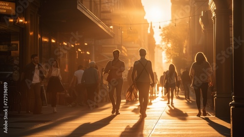People walk through the streets of the city at sunset.