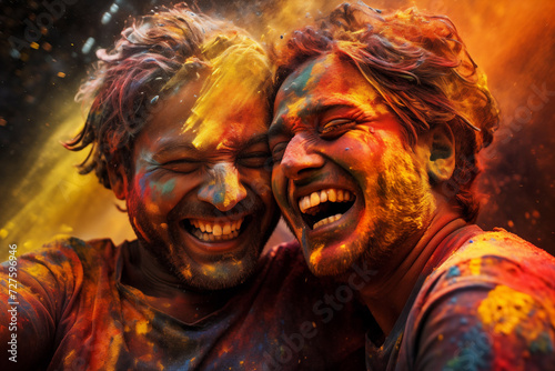 happy hindu indian people celebrate holi festival by throwing colorful powder at each other, generative AI