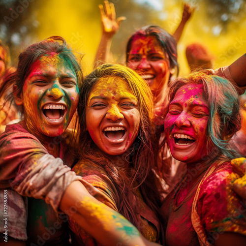 happy hindu indian people celebrate holi festival by throwing colorful powder at each other, generative AI © Paulina
