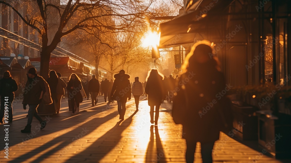 The golden hour in the autumn city. People are walking, coming from work, rushing home on the street at sunset.